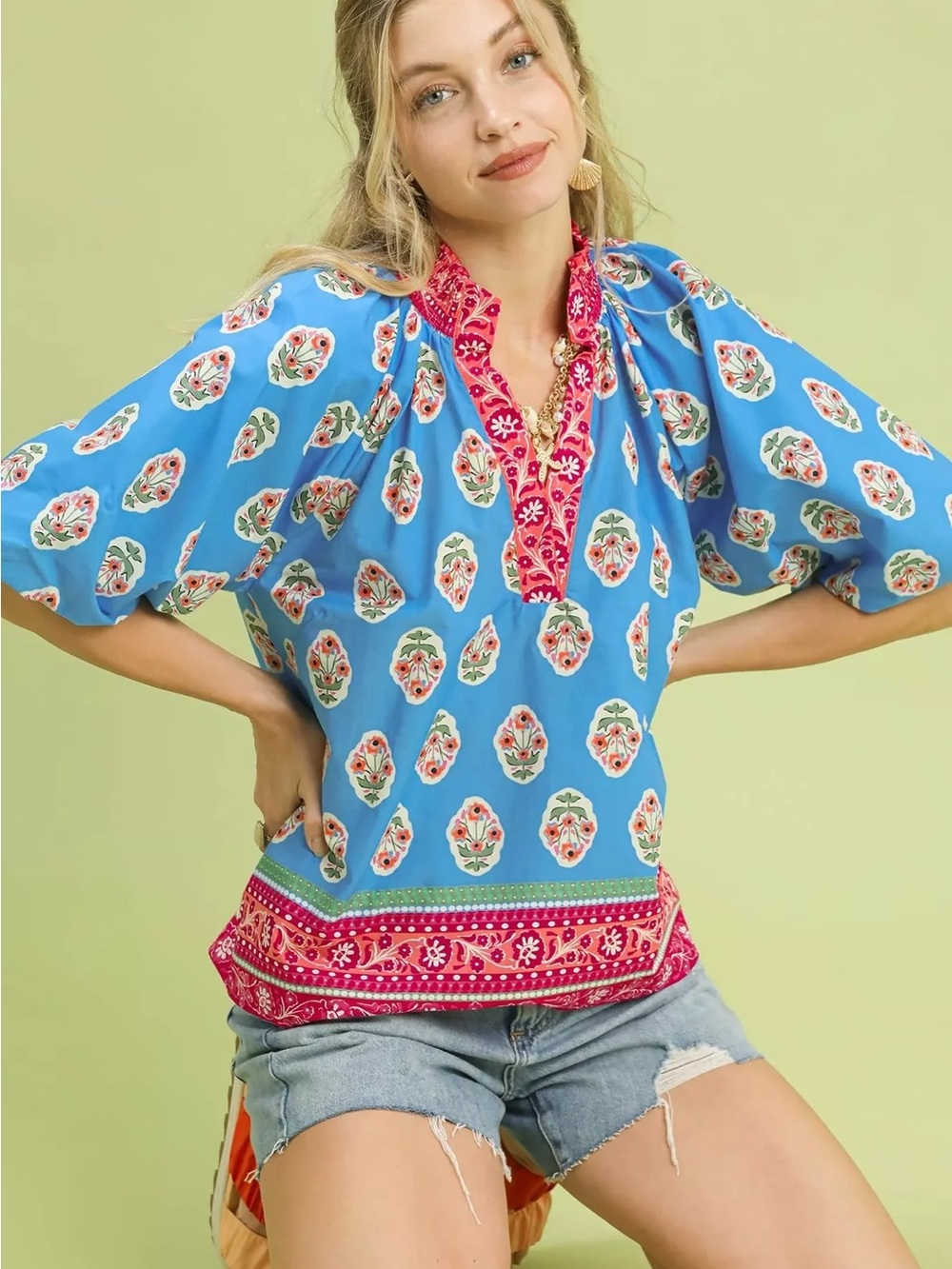 Umgee Boho Border Print Puff Sleeve 100% cotton Peasant Top